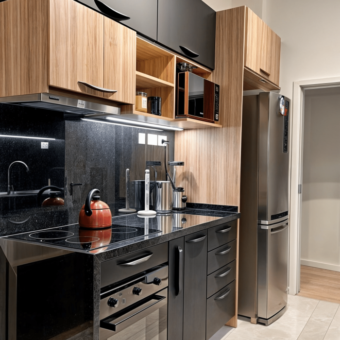 Proyecto de diseño de cocina en Haras del Lago, un barrio cerrado en Canelones, Uruguay. La cocina presenta muebles en acabado maderado, un tablero negro antihuella y mesadas de granito negro absoluto, combinando elegancia y funcionalidad.