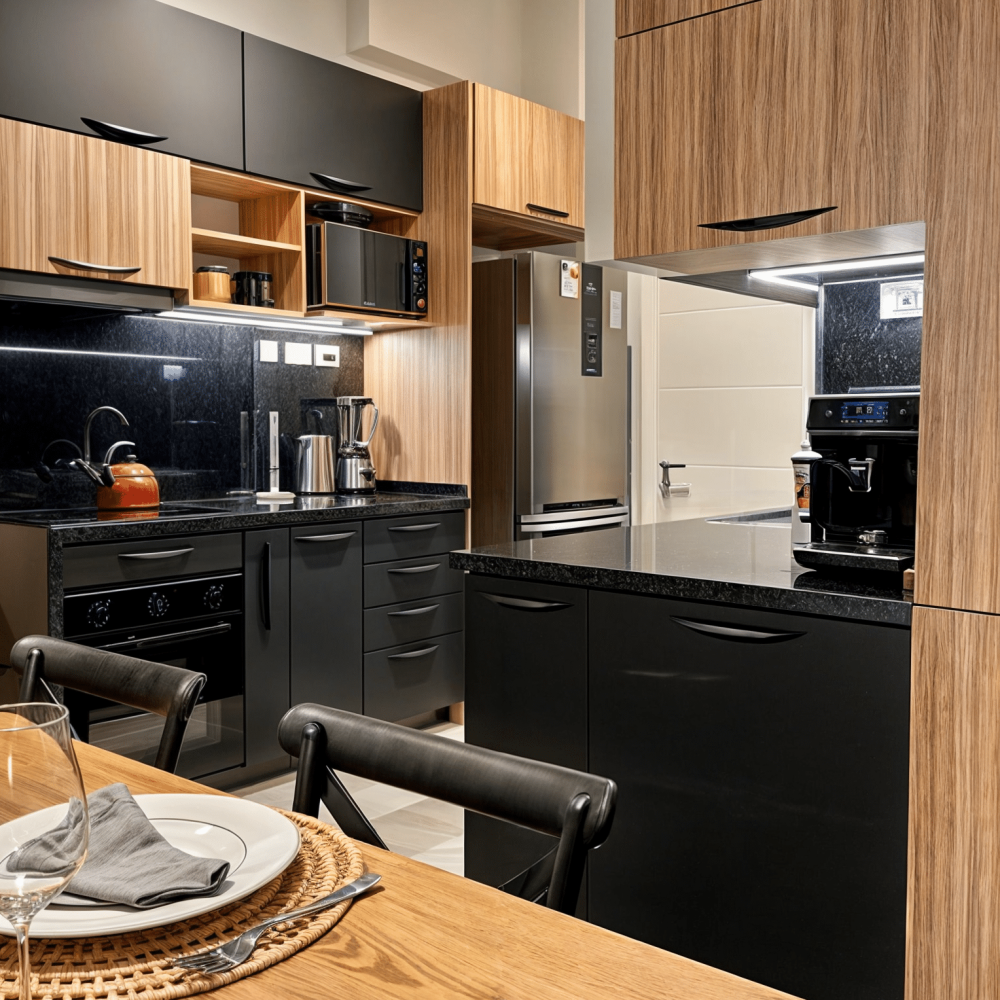 Proyecto de diseño de cocina en Haras del Lago, un barrio cerrado en Canelones, Uruguay. La cocina presenta muebles en acabado maderado, un tablero negro antihuella y mesadas de granito negro absoluto, combinando elegancia y funcionalidad.