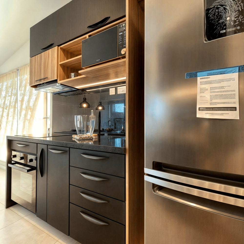 Proyecto de diseño de cocina en Haras del Lago, un barrio cerrado en Canelones, Uruguay. La cocina presenta muebles en acabado maderado, un tablero negro antihuella y mesadas de granito negro absoluto, combinando elegancia y funcionalidad.