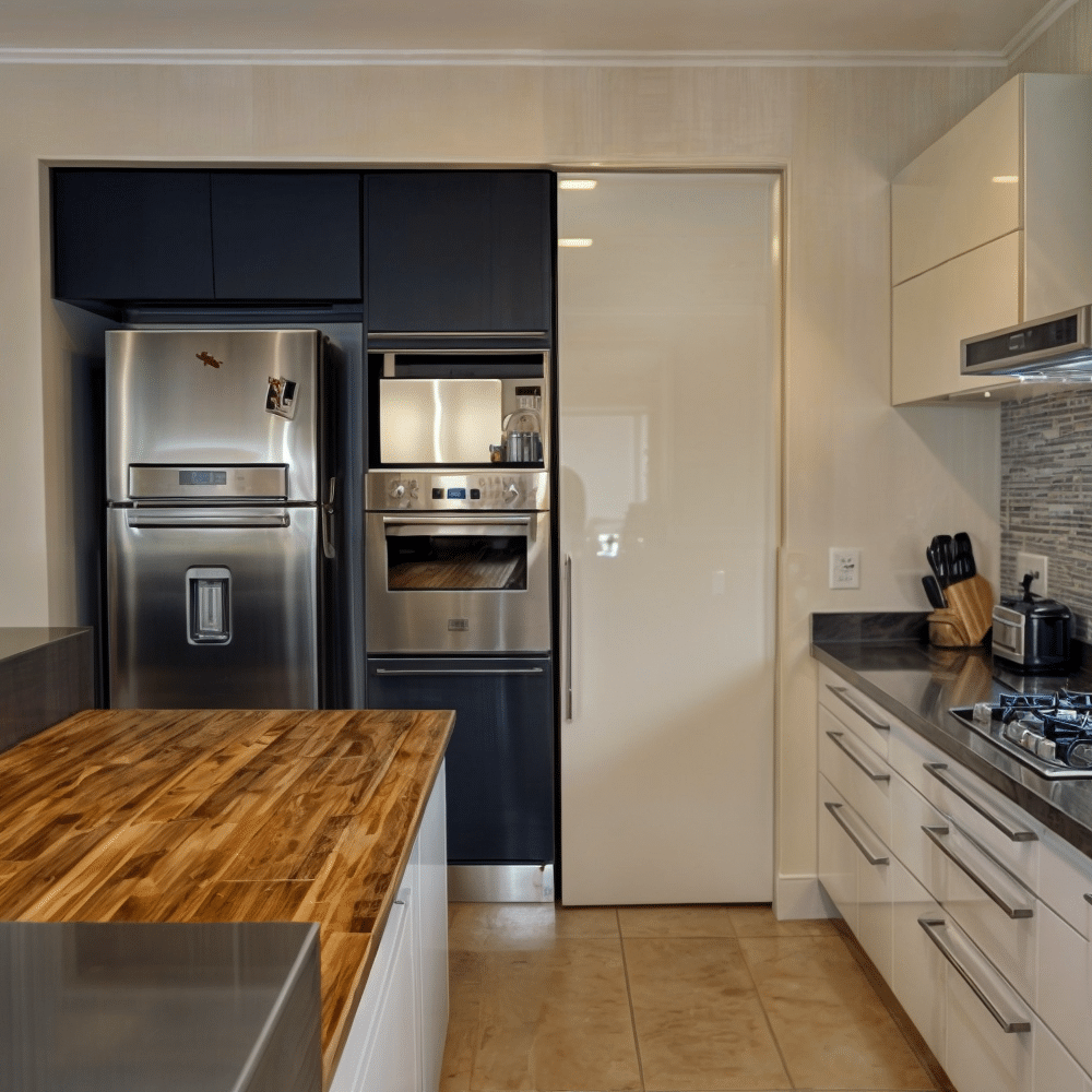 proyecto de diseño de cocina en La Tahona, Canelones. Renovación y reforma de cocina en Montevideo con estilo y funcionalidad. Detalles cuidados en cada elemento: isla en laca italiana blanca, mesada en silestone gris, y toques de laca italiana azul gris. Experimenta la excelencia en el diseño de interiores con Estudio Welfare