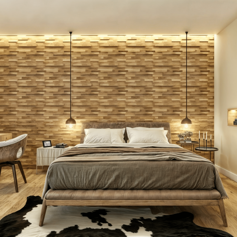 Descubre el dormitorio diseñado por Estudio Welfare en La Tahona, Canelones. Destacando un cabecero de madera y pisos claros, la moderna cama se complementa con una alfombra de cuero de vaca y una butaca Imola para relajarse junto al ventanal. Un pequeño escritorio nórdico y una TV en mueble flotante añaden funcionalidad sin sacrificar la ligereza del espacio. Disfruta de las vistas a los hermosos jardines desde el gran ventanal equinero.