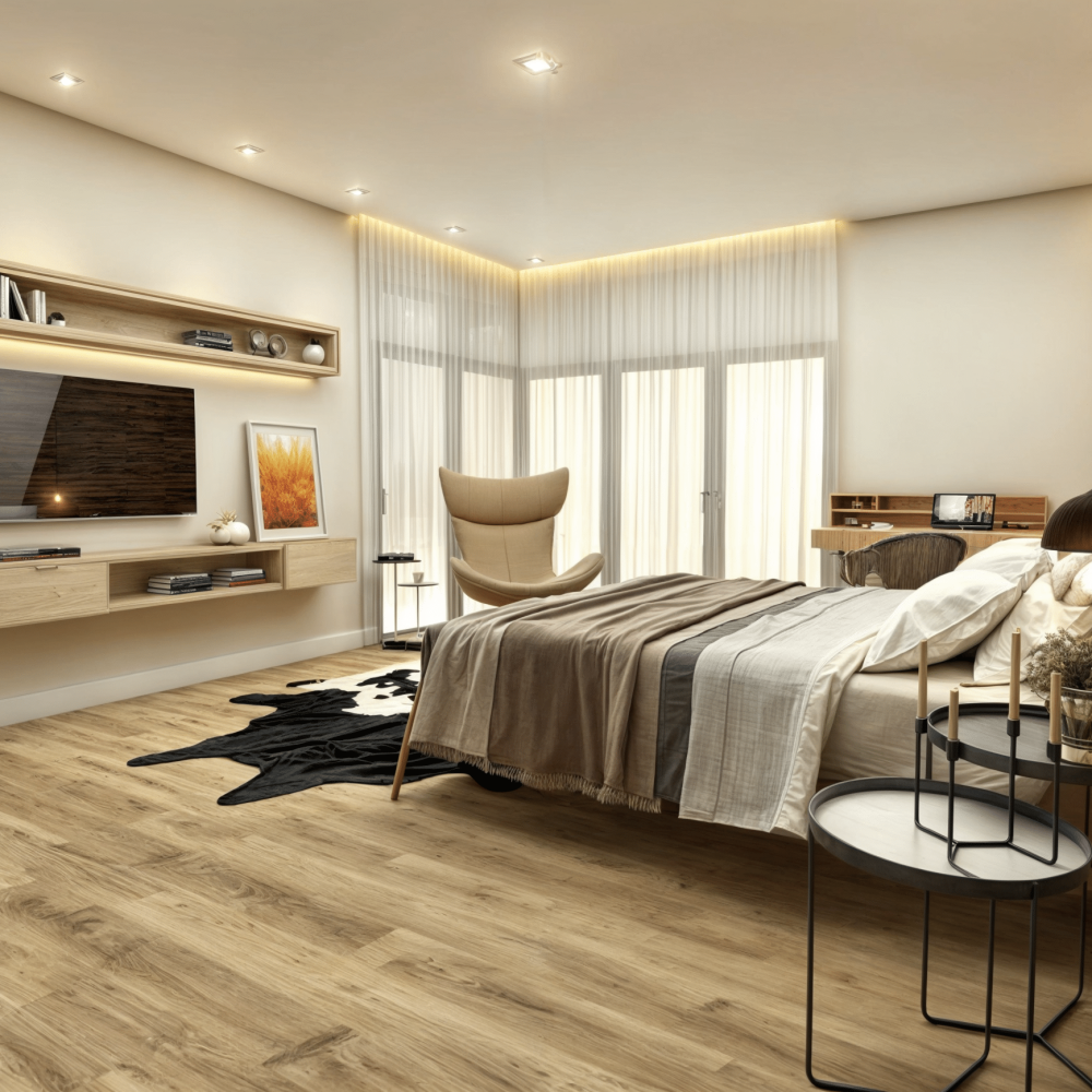 Descubre el dormitorio diseñado por Estudio Welfare en La Tahona, Canelones. Destacando un cabecero de madera y pisos claros, la moderna cama se complementa con una alfombra de cuero de vaca y una butaca Imola para relajarse junto al ventanal. Un pequeño escritorio nórdico y una TV en mueble flotante añaden funcionalidad sin sacrificar la ligereza del espacio. Disfruta de las vistas a los hermosos jardines desde el gran ventanal equinero.