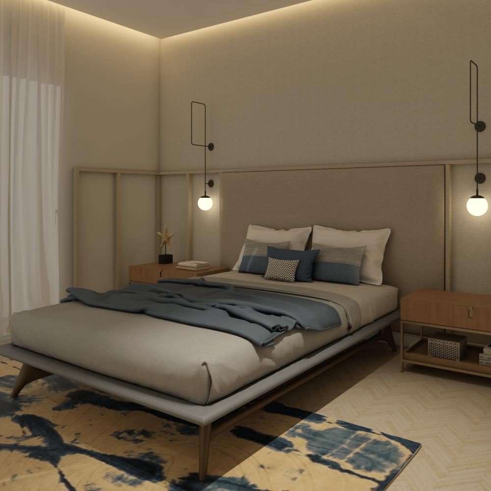 Vista del dormitorio en suite con cama escandinava, respaldo tapizado y detalles en bronce cepillado, en una casa contemporánea frente al mar en Solís, Canelones, Uruguay.
