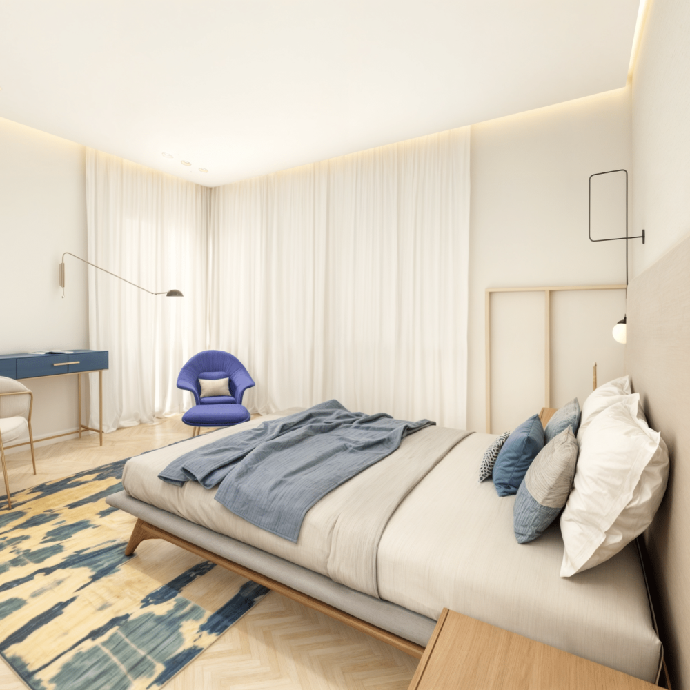 Vista del dormitorio en suite con cama escandinava, respaldo tapizado y detalles en bronce cepillado, en una casa contemporánea frente al mar en Solís, Canelones, Uruguay.