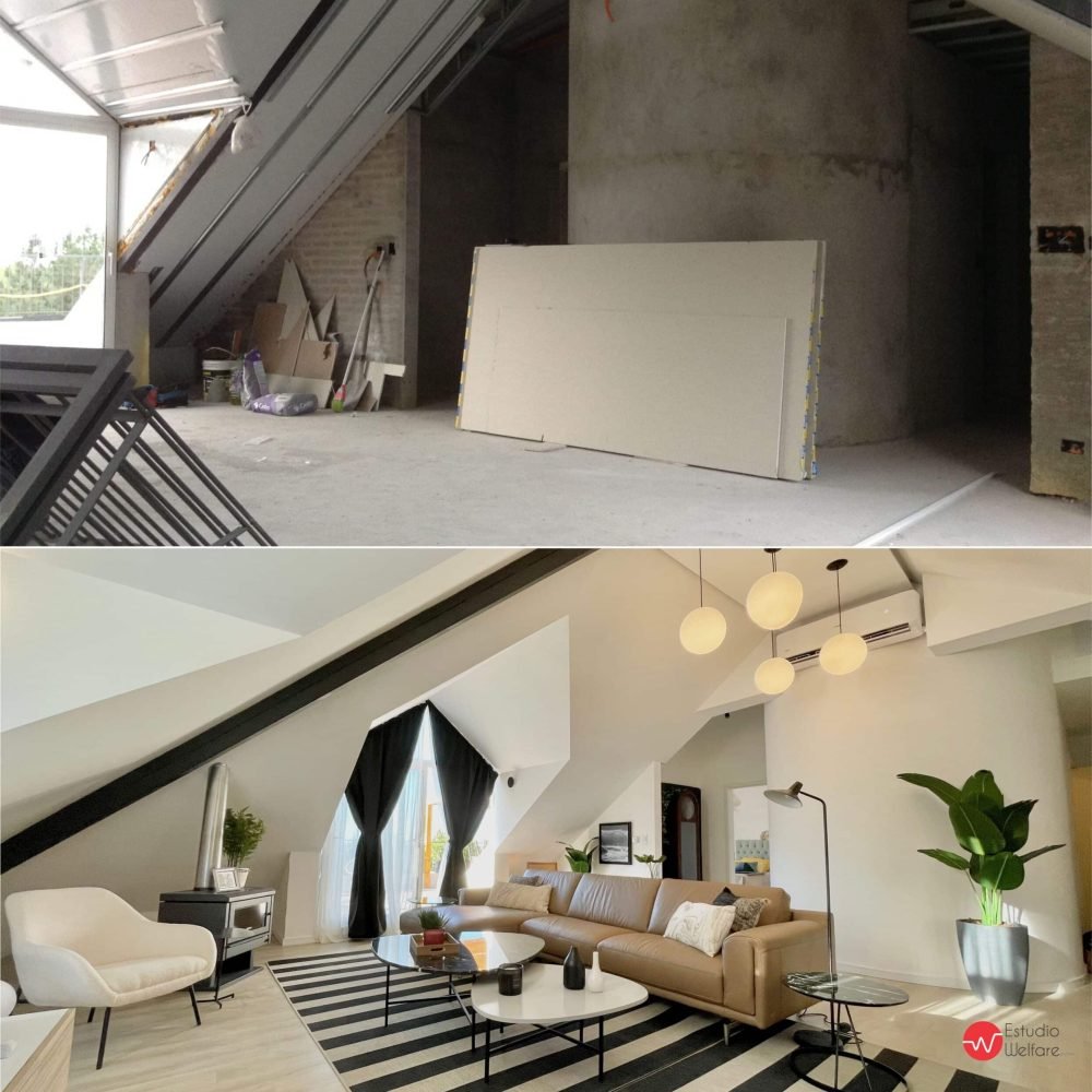 Proyecto de diseño de interiores para un penthouse en el barrio cerrado Haras del Lago, Uruguay. Esta renovación incluye la sala de estar, cocina y toda la vivienda, ofreciendo un entorno moderno y elegante rodeado de lagos y patos.