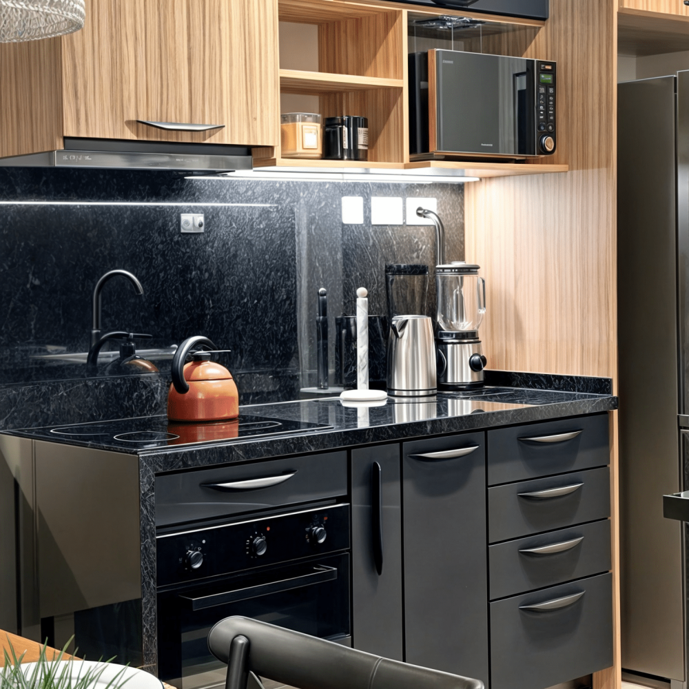 Proyecto de diseño de cocina en Haras del Lago, un barrio cerrado en Canelones, Uruguay. La cocina presenta muebles en acabado maderado, un tablero negro antihuella y mesadas de granito negro absoluto, combinando elegancia y funcionalidad.