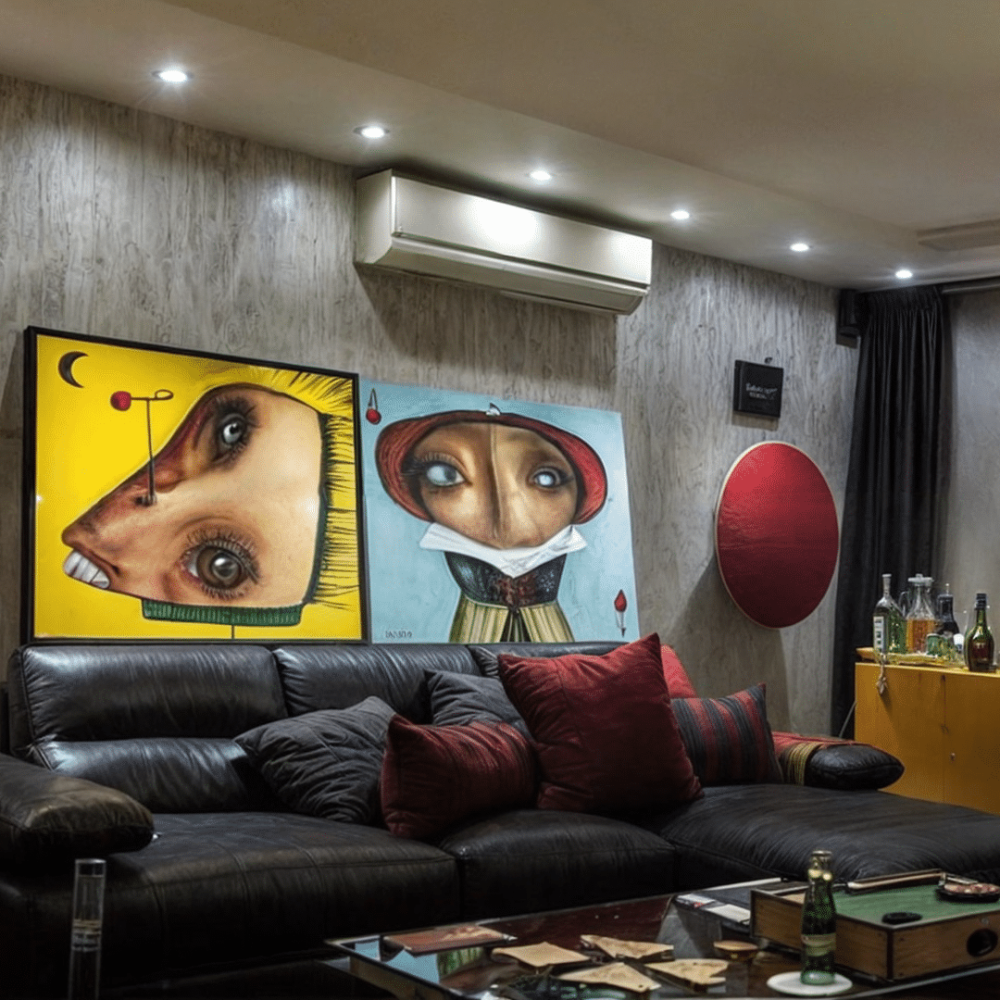 Sala de estar con pared en efecto cemento alisado gris, sofa de cuero negro, mueble barcito amarillo laqueado, barra de madera natural, muros oscuros con cuadro y gatos pintados en tiza, cuadros de izaguirre, parlante de bang and olufsen