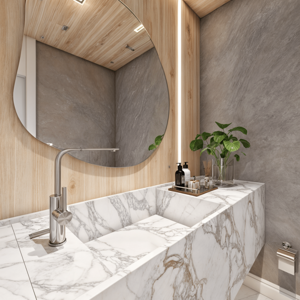 Baño privado con mesada de mármol, paredes de roble claro y moderna iluminación empotrada. Elegancia y comodidad en cada detalle