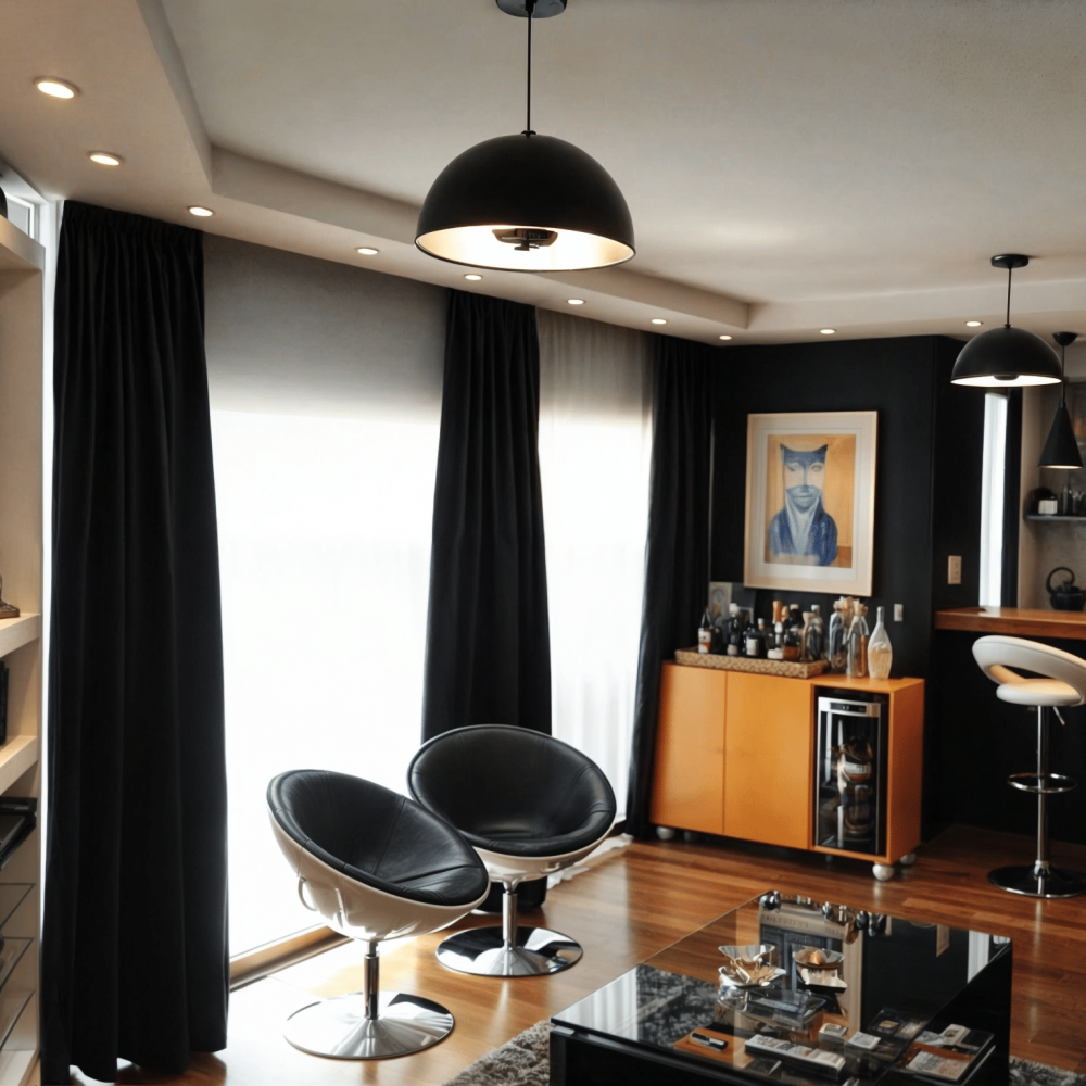 Sala de estar con pared en efecto cemento alisado gris, sofa de cuero negro, mueble barcito amarillo laqueado, barra de madera natural, muros oscuros con cuadro y gatos pintados en tiza, cuadros de izaguirre, parlante de bang and olufsen
