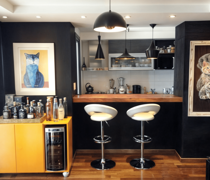 Sala de estar con pared en efecto cemento alisado gris, sofa de cuero negro, mueble barcito amarillo laqueado, barra de madera natural, muros oscuros con cuadro y gatos pintados en tiza, cuadros de izaguirre, parlante de bang and olufsen