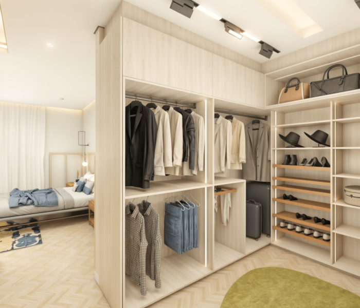 Vestidor en Pino Cascina y madera de cedro, diseñado con espacios abiertos y accesibles. Iluminación LED integrada, espejo irregular y puerta de vidrio ámbar hacia la terraza. Funcionalidad y estilo junto al mar en Solís, Canelones.