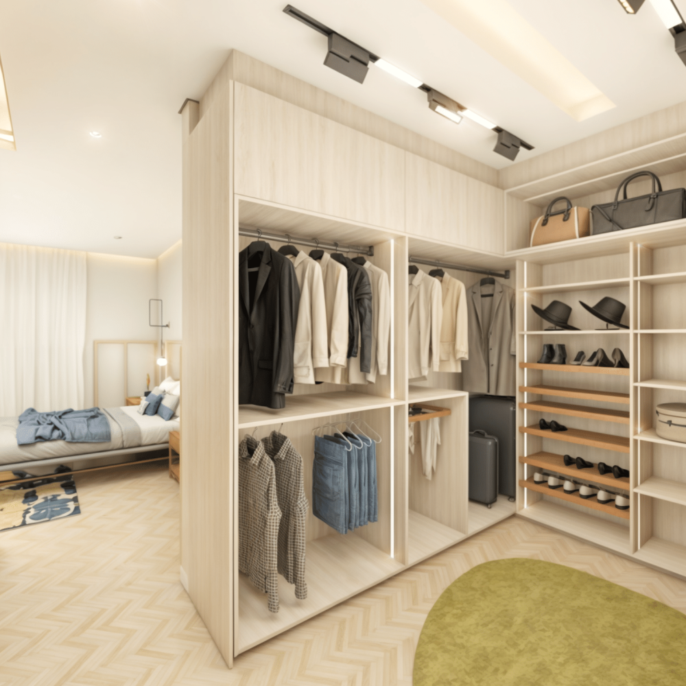 Vestidor en Pino Cascina y madera de cedro, diseñado con espacios abiertos y accesibles. Iluminación LED integrada, espejo irregular y puerta de vidrio ámbar hacia la terraza. Funcionalidad y estilo junto al mar en Solís, Canelones.