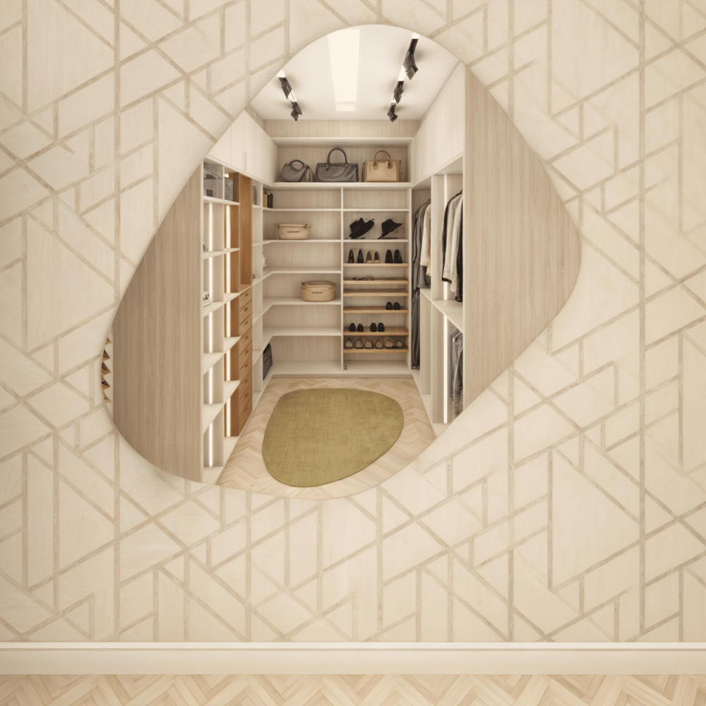 Vestidor en Pino Cascina y madera de cedro, diseñado con espacios abiertos y accesibles. Iluminación LED integrada, espejo irregular y puerta de vidrio ámbar hacia la terraza. Funcionalidad y estilo junto al mar en Solís, Canelones.