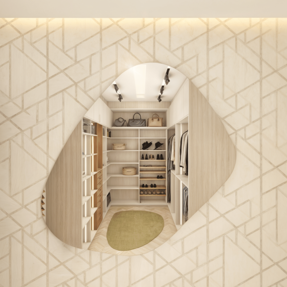 Vestidor en Pino Cascina y madera de cedro, diseñado con espacios abiertos y accesibles. Iluminación LED integrada, espejo irregular y puerta de vidrio ámbar hacia la terraza. Funcionalidad y estilo junto al mar en Solís, Canelones.