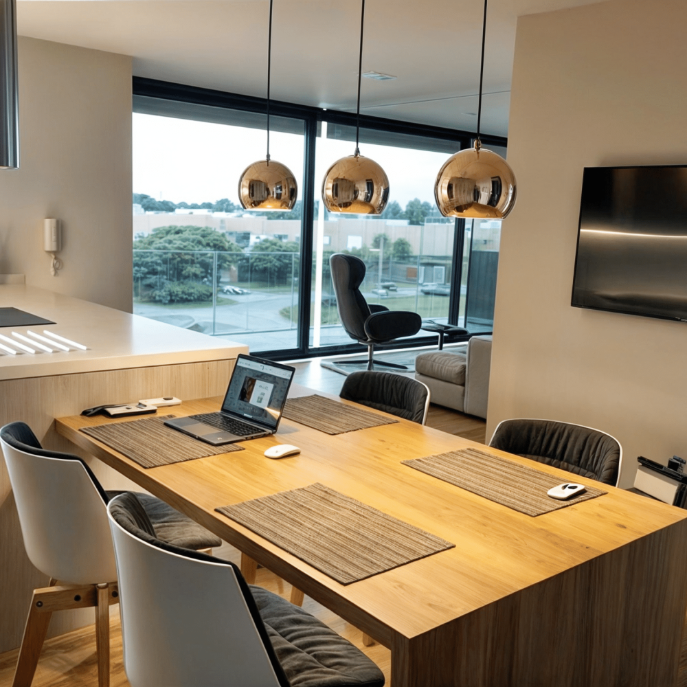 Proyecto de diseño de interiores en Montevideo, Carrasco, en barrio jardin del polo, Este diseño de cocina moderna y sala de estar, amueblados con piezas de Bo Concept