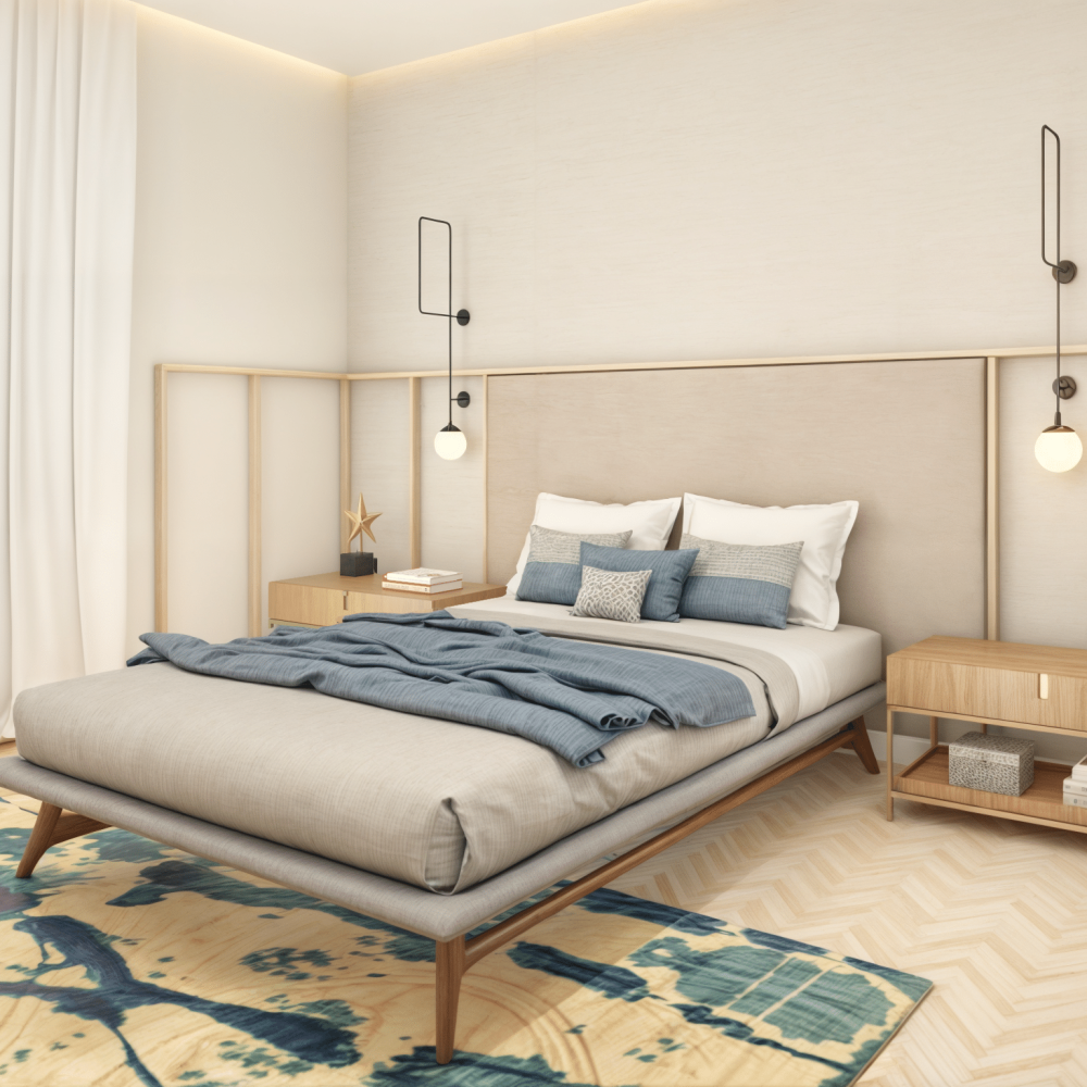 Vista del dormitorio en suite con cama escandinava, respaldo tapizado y detalles en bronce cepillado, en una casa contemporánea frente al mar en Solís, Canelones, Uruguay.