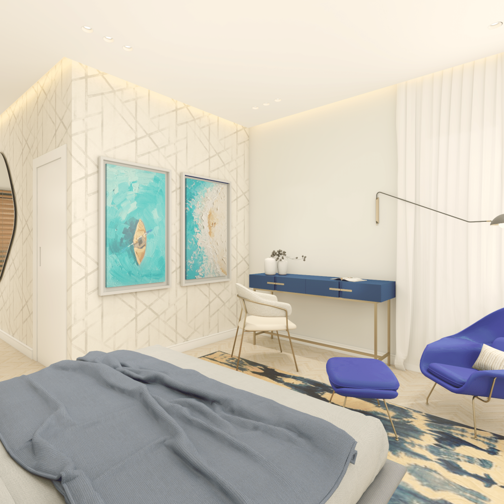 Vista del dormitorio en suite con cama escandinava, respaldo tapizado y detalles en bronce cepillado, en una casa contemporánea frente al mar en Solís, Canelones, Uruguay.