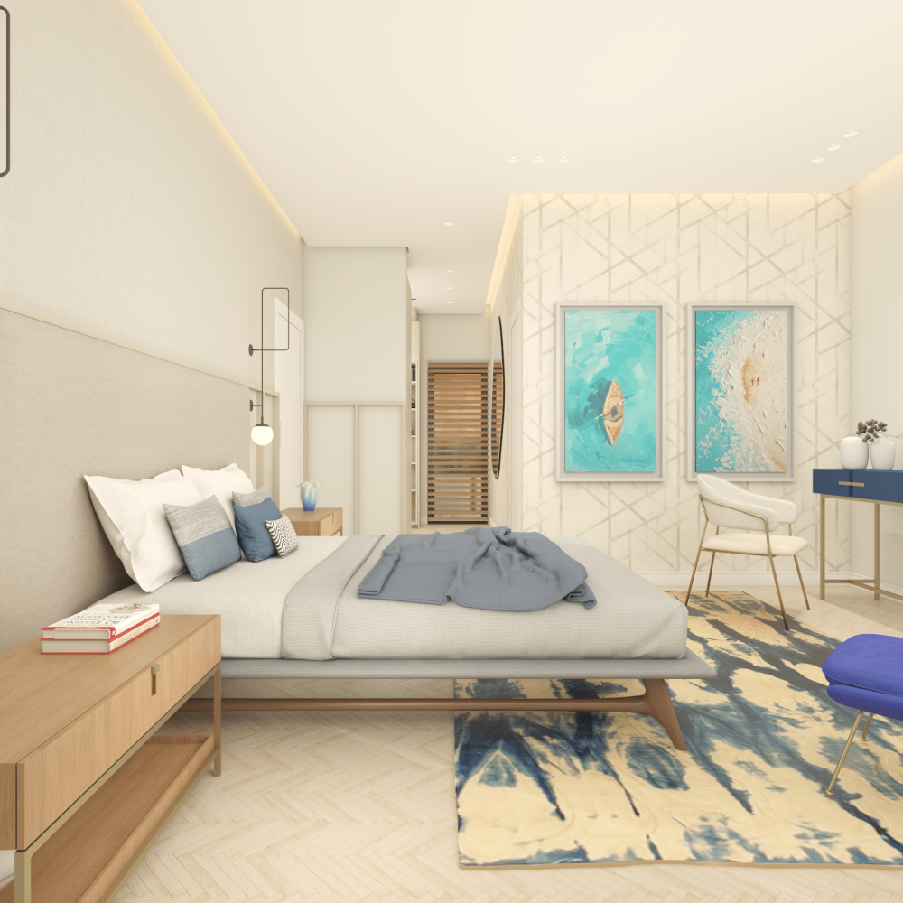 Vista del dormitorio en suite con cama escandinava, respaldo tapizado y detalles en bronce cepillado, en una casa contemporánea frente al mar en Solís, Canelones, Uruguay.