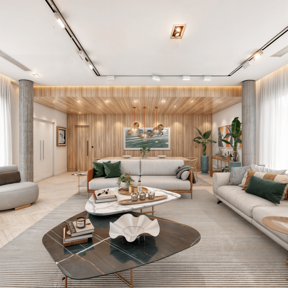 Proyecto de diseño de interiores contemporáneo para una sala de estar y comedor en Pocitos, Montevideo, realizado por Estudio Welfare. Este espacio integrado combina madera, cemento, metales, piedras naturales, telas y fibras para crear una atmósfera cálida y moderna. La iluminación versátil y la incorporación de elementos naturales como plantas y fibras aportan calidez y frescura al ambiente