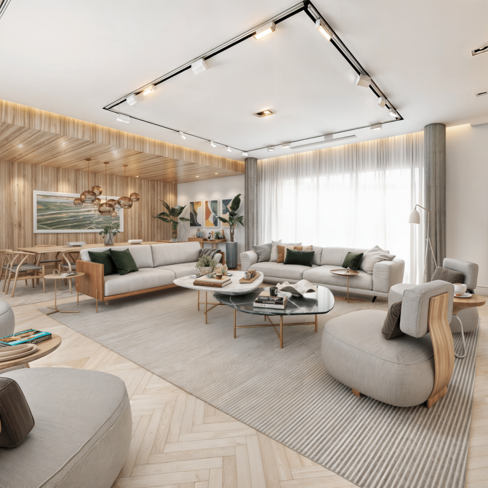 Proyecto de diseño de interiores contemporáneo para una sala de estar y comedor en Pocitos, Montevideo, realizado por Estudio Welfare. Este espacio integrado combina madera, cemento, metales, piedras naturales, telas y fibras para crear una atmósfera cálida y moderna. La iluminación versátil y la incorporación de elementos naturales como plantas y fibras aportan calidez y frescura al ambiente