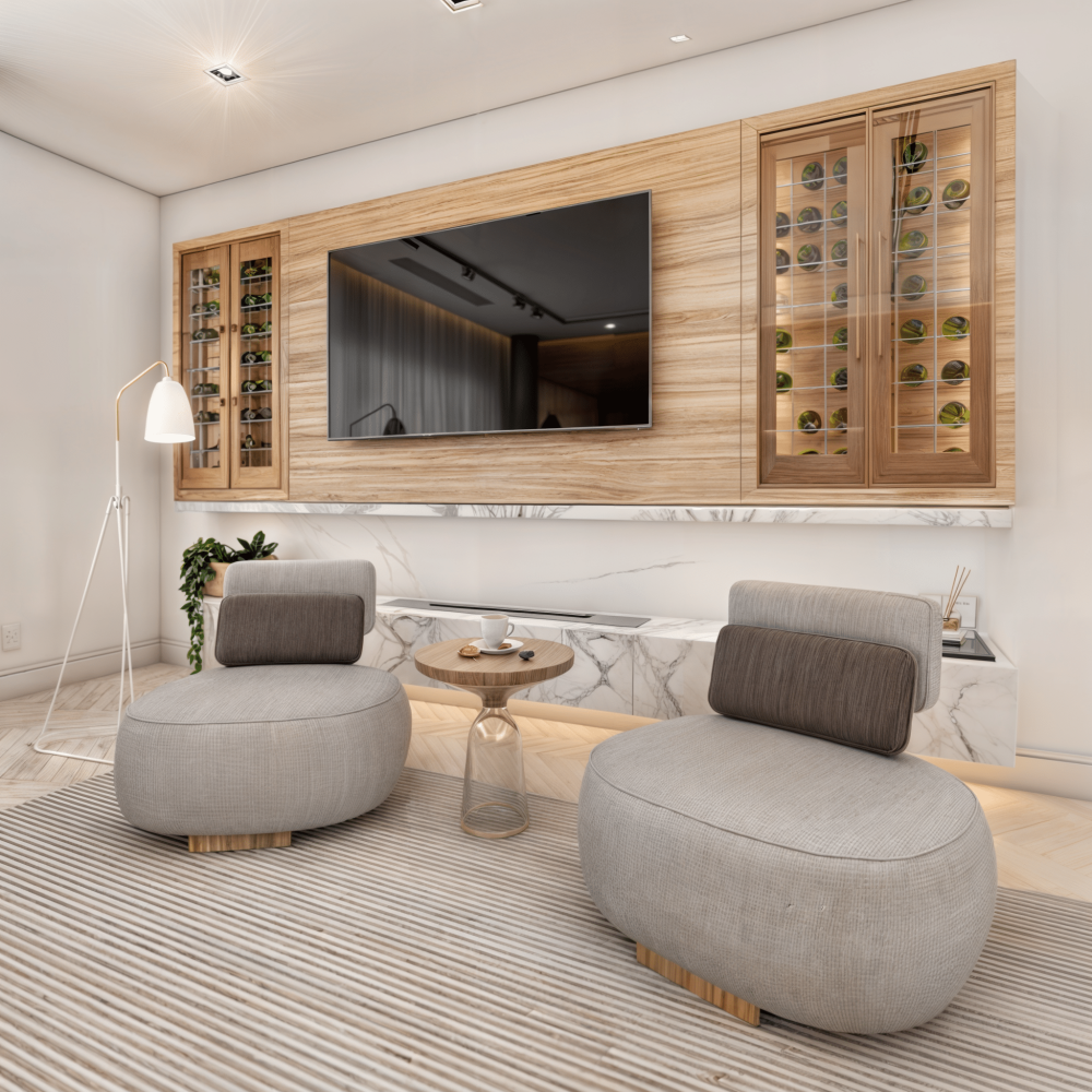 Proyecto de diseño de interiores contemporáneo para una sala de estar y comedor en Pocitos, Montevideo, realizado por Estudio Welfare. Este espacio integrado combina madera, cemento, metales, piedras naturales, telas y fibras para crear una atmósfera cálida y moderna. La iluminación versátil y la incorporación de elementos naturales como plantas y fibras aportan calidez y frescura al ambiente