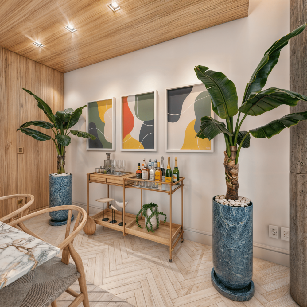 Proyecto de diseño de interiores contemporáneo para una sala de estar y comedor en Pocitos, Montevideo, realizado por Estudio Welfare. Este espacio integrado combina madera, cemento, metales, piedras naturales, telas y fibras para crear una atmósfera cálida y moderna. La iluminación versátil y la incorporación de elementos naturales como plantas y fibras aportan calidez y frescura al ambiente