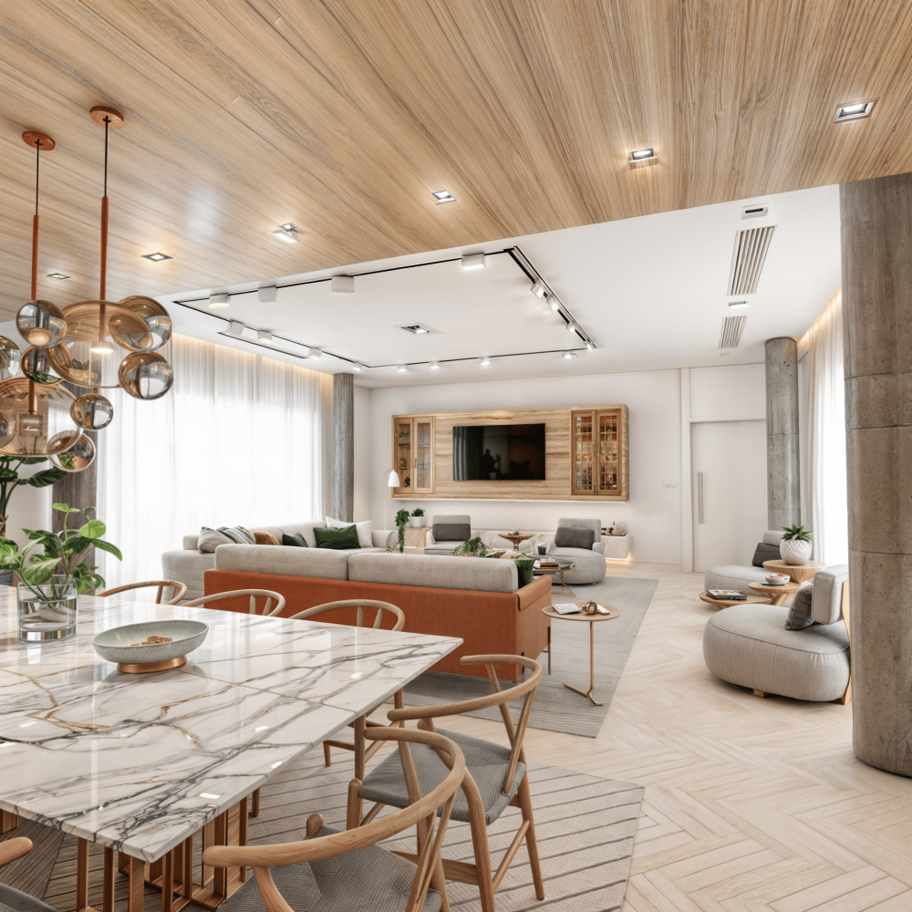 Proyecto de diseño de interiores contemporáneo para una sala de estar y comedor en Pocitos, Montevideo, realizado por Estudio Welfare. Este espacio integrado combina madera, cemento, metales, piedras naturales, telas y fibras para crear una atmósfera cálida y moderna. La iluminación versátil y la incorporación de elementos naturales como plantas y fibras aportan calidez y frescura al ambiente