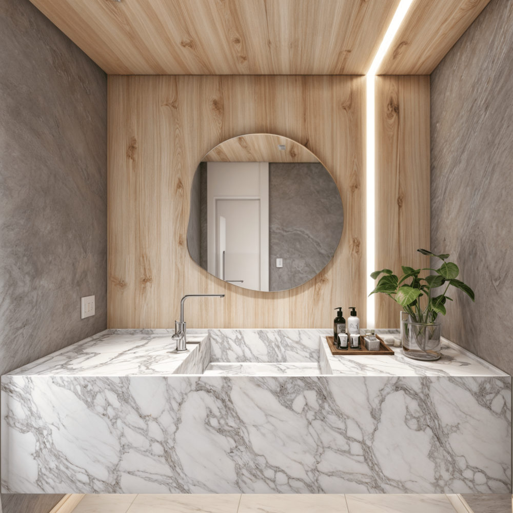 Baño privado con mesada de mármol, paredes de roble claro y moderna iluminación empotrada. Elegancia y comodidad en cada detalle