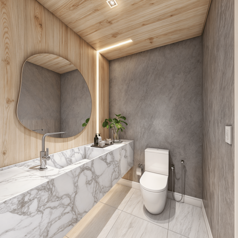 Baño privado con mesada de mármol, paredes de roble claro y moderna iluminación empotrada. Elegancia y comodidad en cada detalle