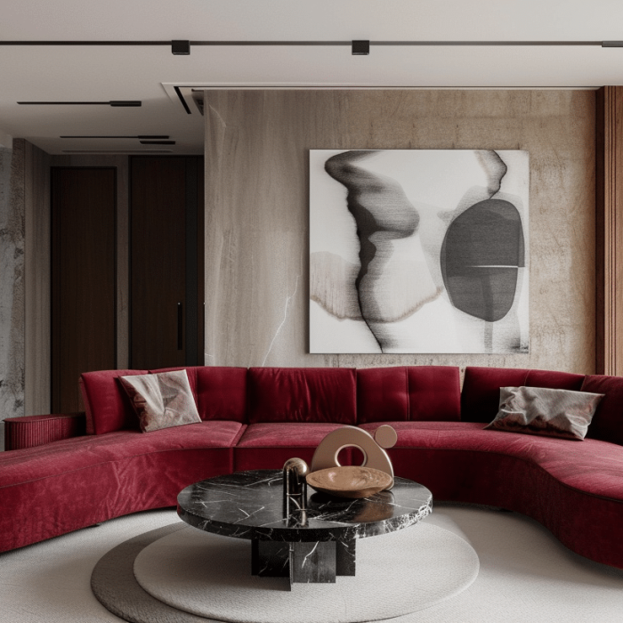 Sala de estar contemporánea con un sofá modular curvo en terciopelo rojo oscuro, acompañado por una mesa de centro redonda en mármol negro. El espacio combina paredes en tonos neutros, madera cálida y una obra de arte abstracta en blanco, negro y gris. La luz natural entra por cortinas translúcidas y destaca el diseño moderno y elegante del ambiente.