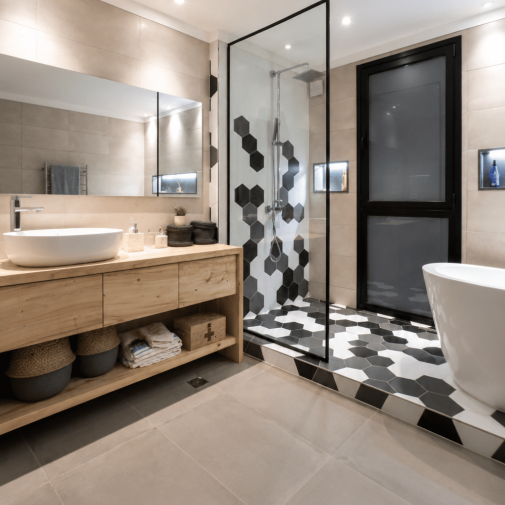 Diseño de baño contemporáneo en Altos de La Tahona, con bañera exenta, ducha vidriada, mueble de madera y revestimiento hexagonal en blanco, gris y negro.
