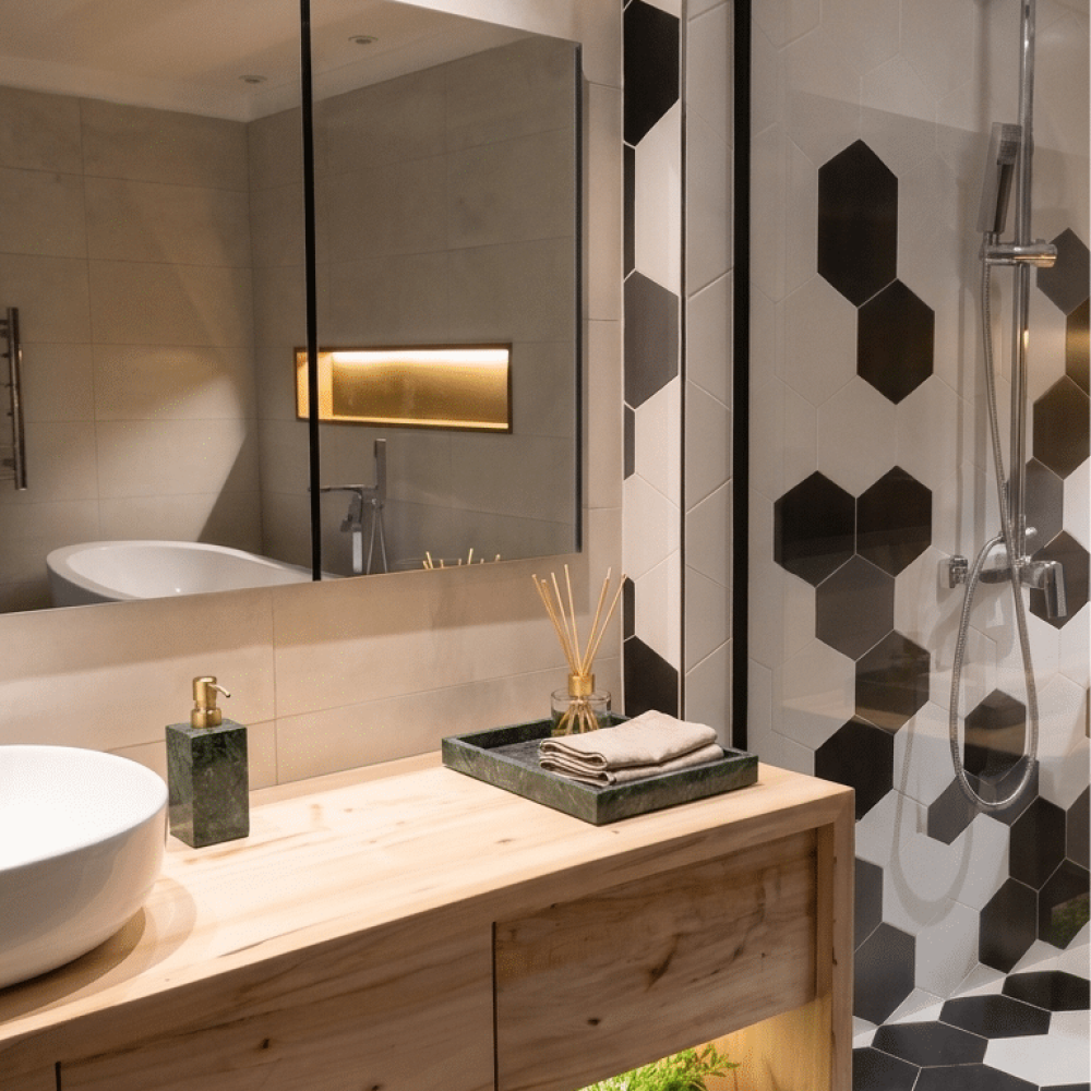 Diseño de baño contemporáneo en Altos de La Tahona, con bañera exenta, ducha vidriada, mueble de madera y revestimiento hexagonal en blanco, gris y negro.